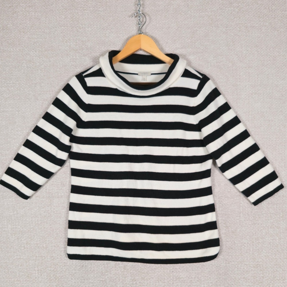 Talbots Womens Petite Medium Black White Striped Funnel Neck 3/4 Sleeve Sweater